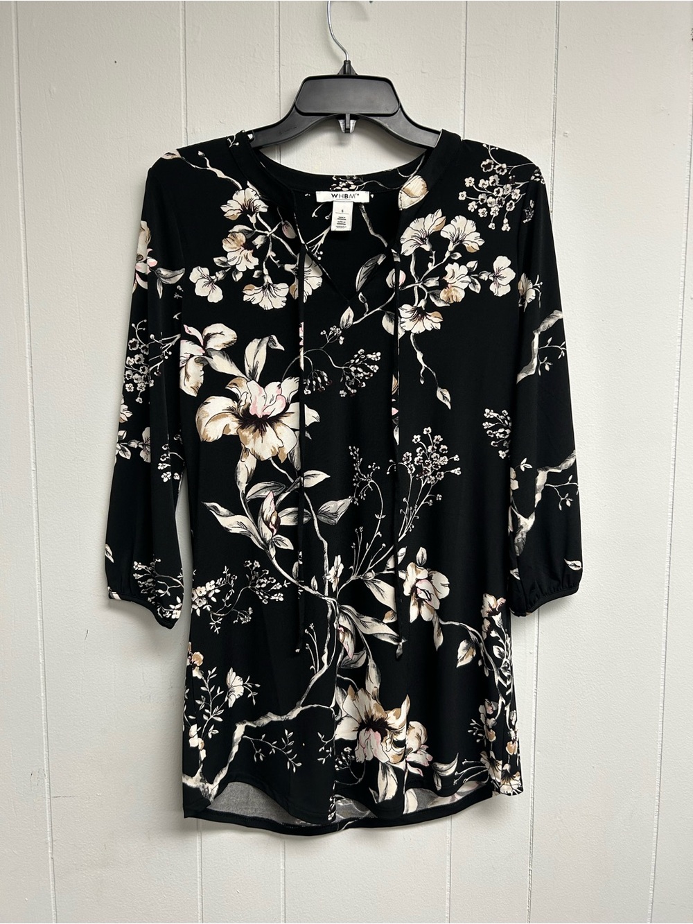 White House Black Market Black Floral Tie-Neck Tunic with Cream Accents